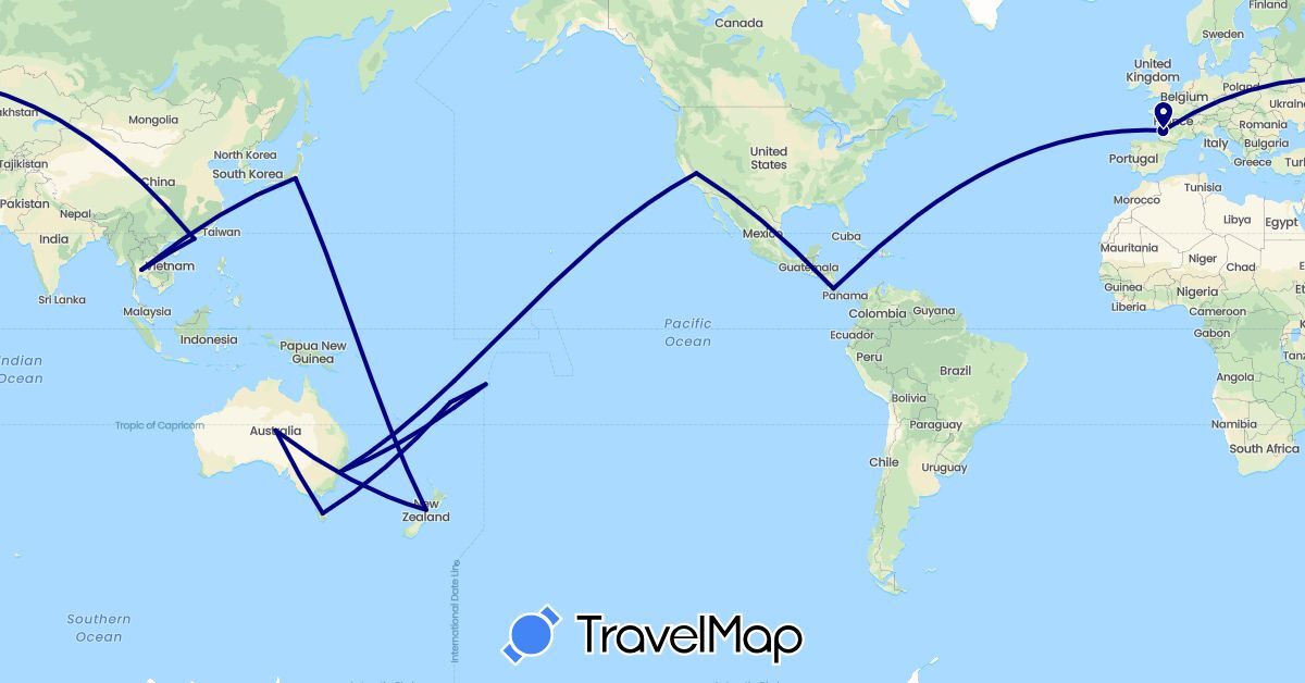 TravelMap itinerary: driving in Australia, China, Costa Rica, Fiji, France, Japan, New Zealand, Thailand, United States, Samoa (Asia, Europe, North America, Oceania)